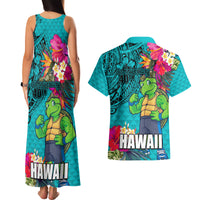Hawaii Great Aloha Run 40th Anniversary Couples Matching Tank Maxi Dress and Hawaiian Shirt With Turtle Mascot Marathon Hibiscus and Kakau LT03 - Polynesian Pride