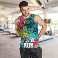 Hawaii Great Aloha Run 40th Anniversary Men Tank Top With Turtle Mascot Marathon Hibiscus and Kakau LT03 Turquoise - Polynesian Pride