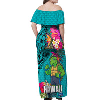 Hawaii Great Aloha Run 40th Anniversary Off Shoulder Maxi Dress With Turtle Mascot Marathon Hibiscus and Kakau LT03 - Polynesian Pride