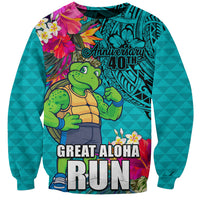 Hawaii Great Aloha Run 40th Anniversary Sweatshirt With Turtle Mascot Marathon Hibiscus and Kakau LT03 Unisex Turquoise - Polynesian Pride