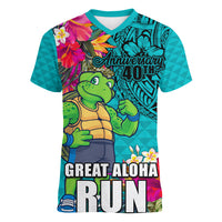 Hawaii Great Aloha Run 40th Anniversary Women V Neck T Shirt With Turtle Mascot Marathon Hibiscus and Kakau LT03 Female Turquoise - Polynesian Pride
