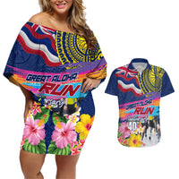 Hawaii Great Aloha Run 40th Anniversary Couples Matching Off Shoulder Short Dress and Hawaiian Shirt Hibiscus and Kakau Pattern LT03 Blue - Polynesian Pride