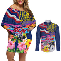 Hawaii Great Aloha Run 40th Anniversary Couples Matching Off Shoulder Short Dress and Long Sleeve Button Shirt Hibiscus and Kakau Pattern LT03 Blue - Polynesian Pride