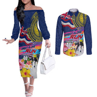 Hawaii Great Aloha Run 40th Anniversary Couples Matching Off The Shoulder Long Sleeve Dress and Long Sleeve Button Shirt Hibiscus and Kakau Pattern LT03 Blue - Polynesian Pride