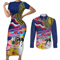 Hawaii Great Aloha Run 40th Anniversary Couples Matching Short Sleeve Bodycon Dress and Long Sleeve Button Shirt Hibiscus and Kakau Pattern LT03 Blue - Polynesian Pride
