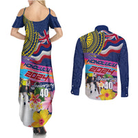 Hawaii Great Aloha Run 40th Anniversary Couples Matching Summer Maxi Dress and Long Sleeve Button Shirt Hibiscus and Kakau Pattern LT03 - Polynesian Pride