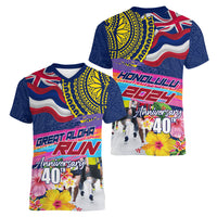 Hawaii Great Aloha Run 40th Anniversary Women V Neck T Shirt Hibiscus and Kakau Pattern LT03 - Polynesian Pride
