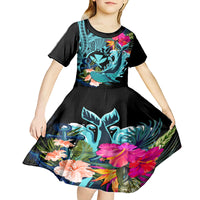 Hawaii Kid Short Sleeve Dress Whale Mix Hibiscus and Kanaka Maoli LT03 - Polynesian Pride