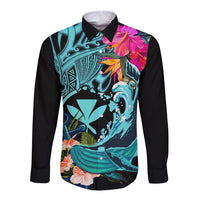 Hawaii Long Sleeve Button Shirt Whale Mix Hibiscus and Kanaka Maoli LT03 Unisex Black - Polynesian Pride