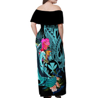 Hawaii Off Shoulder Maxi Dress Whale Mix Hibiscus and Kanaka Maoli LT03 - Polynesian Pride