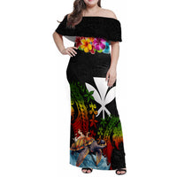 Hawaii Lei Day Family Matching Off Shoulder Maxi Dress and Hawaiian Shirt Hibiscus Wreath and Polynesian Pattern LT03 Mom's Dress Black - Polynesian Pride