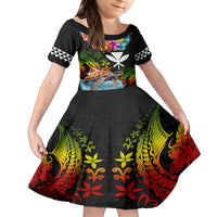 Hawaii Lei Day Family Matching Off Shoulder Short Dress and Hawaiian Shirt Hibiscus Wreath and Polynesian Pattern LT03 Daughter's Dress Black - Polynesian Pride