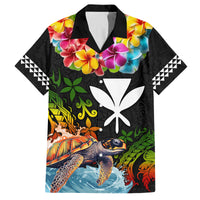 Hawaii Lei Day Family Matching Off Shoulder Short Dress and Hawaiian Shirt Hibiscus Wreath and Polynesian Pattern LT03 Dad's Shirt - Short Sleeve Black - Polynesian Pride