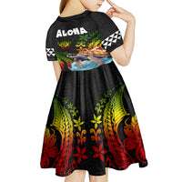 Hawaii Lei Day Kid Short Sleeve Dress Hibiscus Wreath and Polynesian Pattern