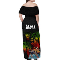 Hawaii Lei Day Off Shoulder Maxi Dress Hibiscus Wreath and Polynesian Pattern