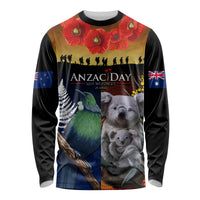 Australia and New Zealand ANZAC Day Long Sleeve Shirt Tui Bird and Koala mix Maori and Aboriginal Pattern LT03 Unisex Black - Polynesian Pride