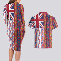 Hawaiian Lei Couples Matching Long Sleeve Bodycon Dress and Hawaiian Shirt National Flag Striped Style