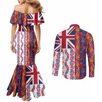 Hawaiian Lei Couples Matching Mermaid Dress and Long Sleeve Button Shirt National Flag Striped Style