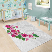 Hawaiian Hibiscus and Art Polynesian Tattoo Area Rug White Color