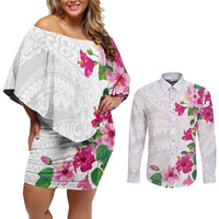 Hawaiian Hibiscus and Art Polynesian Tattoo Couples Matching Off Shoulder Short Dress and Long Sleeve Button Shirt White Color