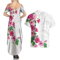 Hawaiian Hibiscus and Art Polynesian Tattoo Couples Matching Summer Maxi Dress and Hawaiian Shirt White Color