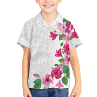 Hawaiian Hibiscus and Art Polynesian Tattoo Family Matching Off The Shoulder Long Sleeve Dress and Hawaiian Shirt White Color