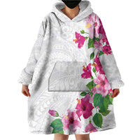 Hawaiian Hibiscus and Art Polynesian Tattoo Wearable Blanket Hoodie White Color