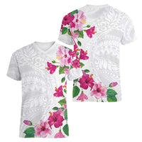 Hawaiian Hibiscus and Art Polynesian Tattoo Women V-Neck T-Shirt White Color LT03 - Polynesian Pride