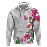 Hawaiian Hibiscus and Art Polynesian Tattoo Zip Hoodie White Color