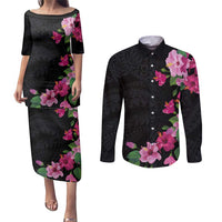 Hawaiian Hibiscus and Art Polynesian Tattoo Couples Matching Puletasi and Long Sleeve Button Shirt Black Color