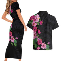 Hawaiian Hibiscus and Art Polynesian Tattoo Couples Matching Short Sleeve Bodycon Dress and Hawaiian Shirt Black Color