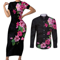 Hawaiian Hibiscus and Art Polynesian Tattoo Couples Matching Short Sleeve Bodycon Dress and Long Sleeve Button Shirt Black Color