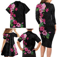Hawaiian Hibiscus and Art Polynesian Tattoo Family Matching Long Sleeve Bodycon Dress and Hawaiian Shirt Black Color