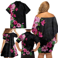 Hawaiian Hibiscus and Art Polynesian Tattoo Family Matching Off Shoulder Short Dress and Hawaiian Shirt Black Color