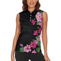 Hawaiian Hibiscus and Art Polynesian Tattoo Women Sleeveless Polo Shirt Black Color LT03 - Polynesian Pride