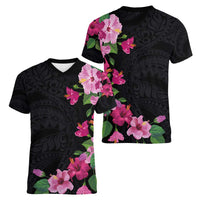 Hawaiian Hibiscus and Art Polynesian Tattoo Women V-Neck T-Shirt Black Color LT03 - Polynesian Pride