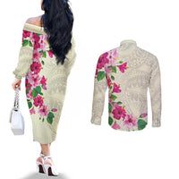 Hawaiian Hibiscus and Art Polynesian Tattoo Couples Matching Off The Shoulder Long Sleeve Dress and Long Sleeve Button Shirt Beige Color