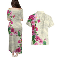 Hawaiian Hibiscus and Art Polynesian Tattoo Couples Matching Puletasi and Hawaiian Shirt Beige Color LT03 - Polynesian Pride