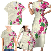 Hawaiian Hibiscus and Art Polynesian Tattoo Family Matching Short Sleeve Bodycon Dress and Hawaiian Shirt Beige Color