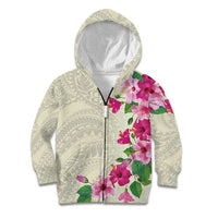 Hawaiian Hibiscus and Art Polynesian Tattoo Kid Hoodie Beige Color