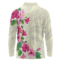 Hawaiian Hibiscus and Art Polynesian Tattoo Long Sleeve Polo Shirt Beige Color LT03 - Polynesian Pride