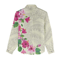 Hawaiian Hibiscus and Art Polynesian Tattoo Women Casual Shirt Beige Color