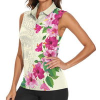 Hawaiian Hibiscus and Art Polynesian Tattoo Women Sleeveless Polo Shirt Beige Color LT03 - Polynesian Pride