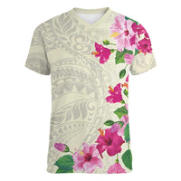 Hawaiian Hibiscus and Art Polynesian Tattoo Women V-Neck T-Shirt Beige Color LT03 Female Beige - Polynesian Pride