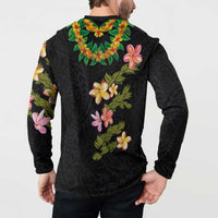 Hawaiian Lei Plumeria and Tropical Leaves Button Sweatshirt Watercolor Style