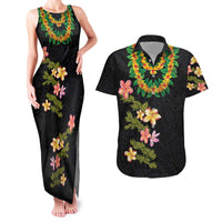 Hawaiian Lei Plumeria and Tropical Leaves Couples Matching Tank Maxi Dress and Hawaiian Shirt Watercolor Style