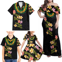 Hawaiian Lei Plumeria and Tropical Leaves Family Matching Off Shoulder Maxi Dress and Hawaiian Shirt Watercolor Style