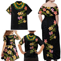 Hawaiian Lei Plumeria and Tropical Leaves Family Matching Off Shoulder Maxi Dress and Hawaiian Shirt Watercolor Style