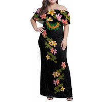 Hawaiian Lei Plumeria and Tropical Leaves Family Matching Off Shoulder Maxi Dress and Hawaiian Shirt Watercolor Style