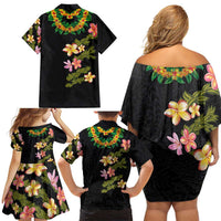 Hawaiian Lei Plumeria and Tropical Leaves Family Matching Off Shoulder Short Dress and Hawaiian Shirt Watercolor Style